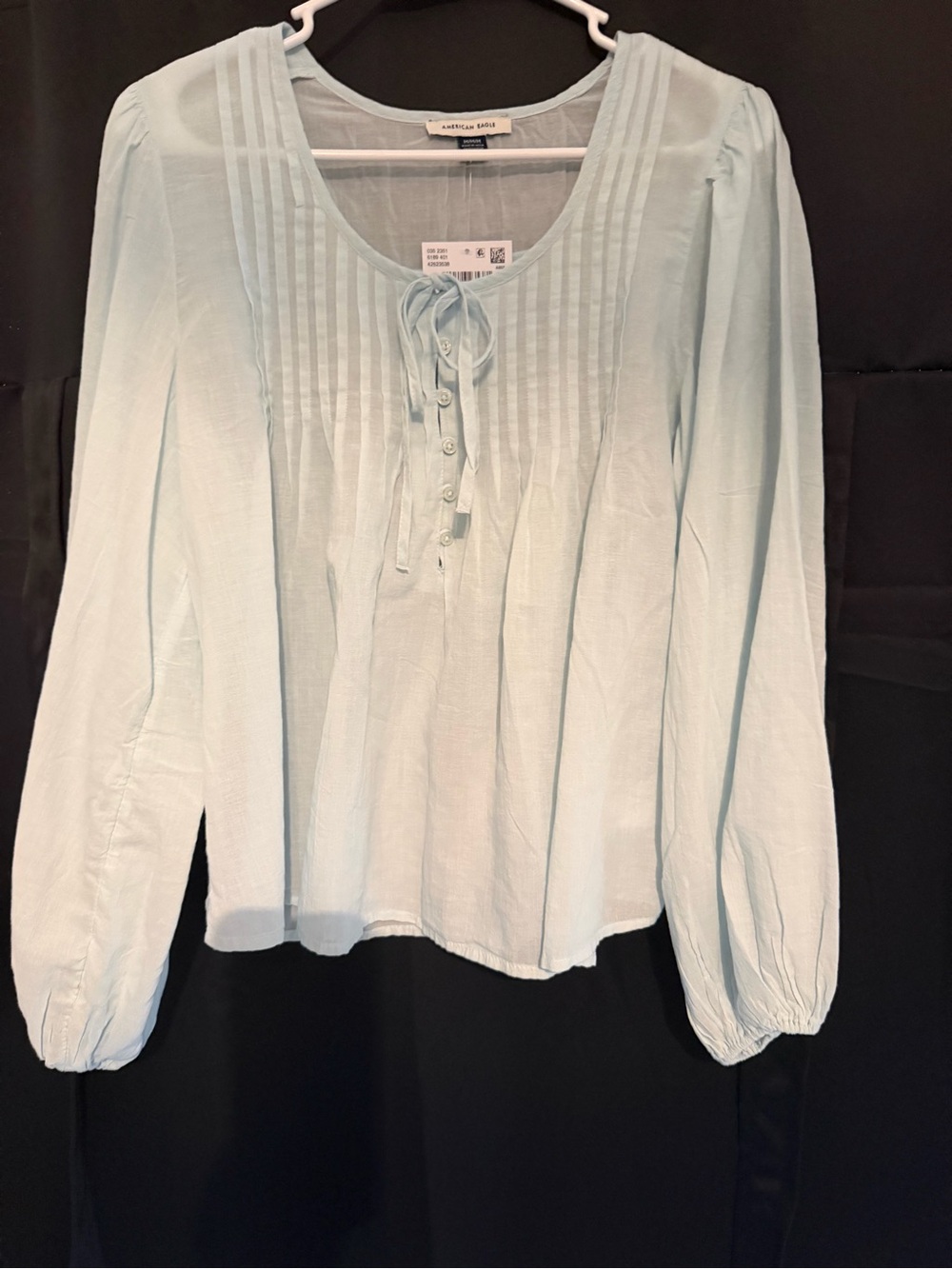 American Eagle Outfitters Pale Blue Pintuck Tie-Front Peasant Blouse